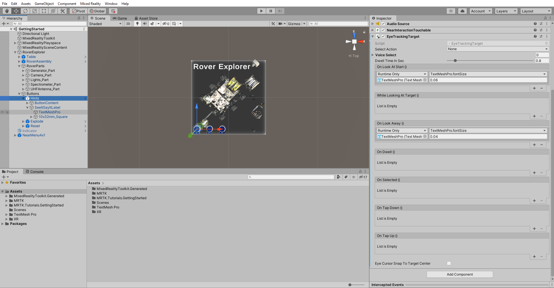 Screenshot of Unity with Hints TextMeshPro object selected and EyeTrackingTarget component configured.
