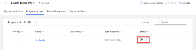 Screenshot of deactivating a rule by turning off the toggle in the Active column.