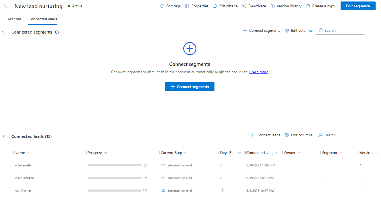 Screenshot of the Connect segments window.