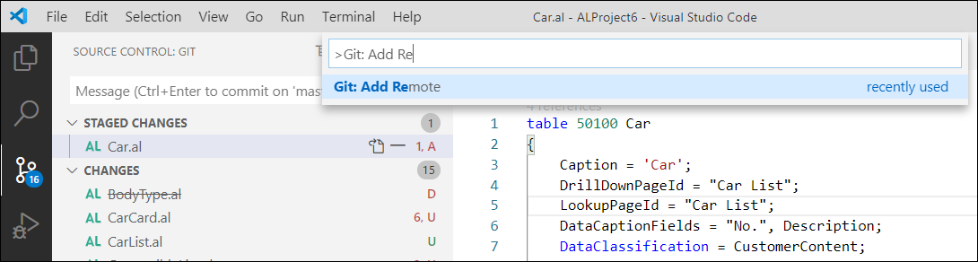 Screenshot of the search for Git: Add Remote in Visual Studio Code.