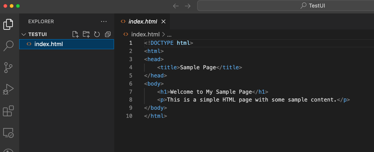 Снимок экрана: папка TestUI Visual Studio Code.