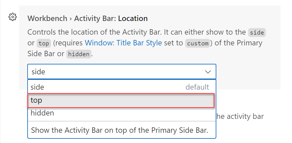 Снимок экрана: параметры расположения панели действий в параметрах Visual Studio Code.