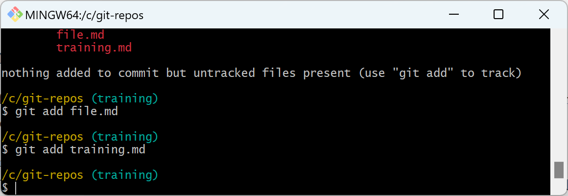снимок экрана команды git add.