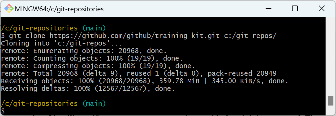 снимок экрана команды клонирования учебного репозитория GitHub.