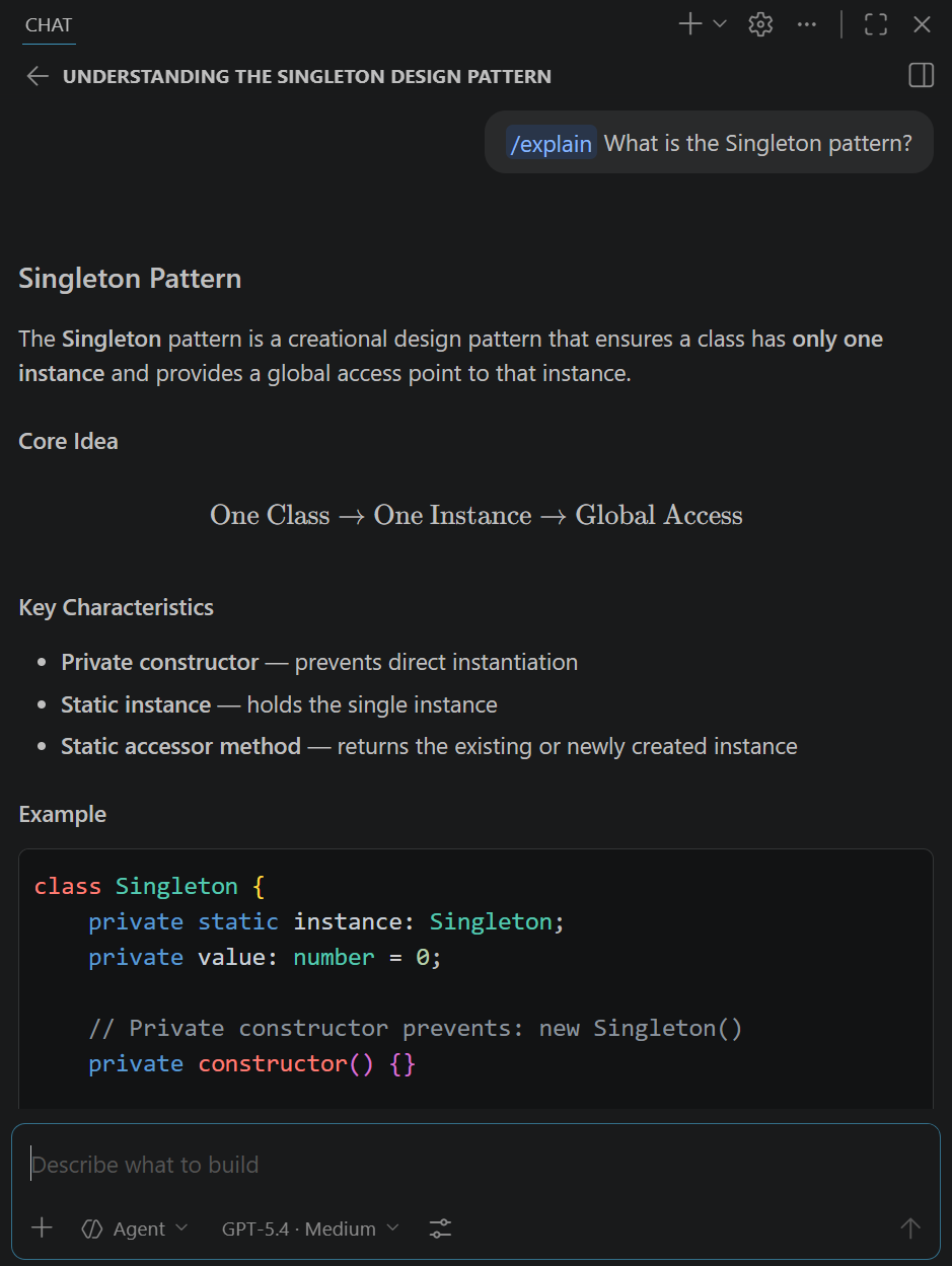 Снимок экрана: представление чата с запросом о шаблоне Singleton.