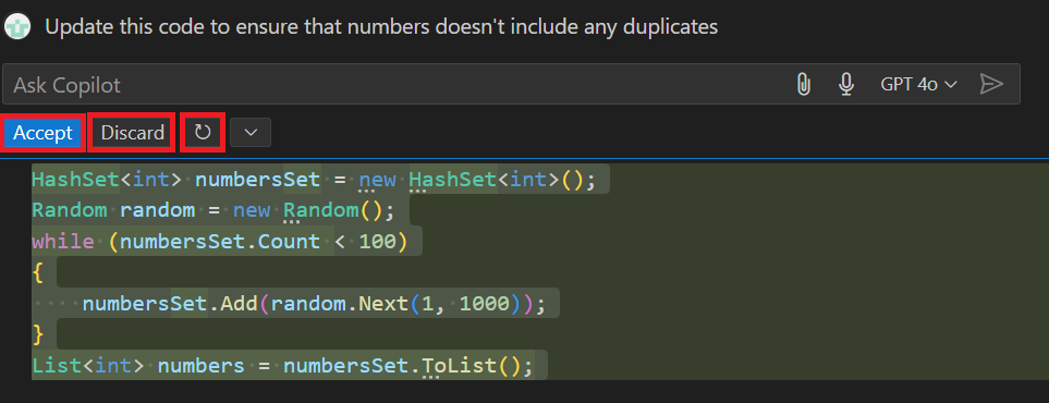 Скриншот с предлагаемым обновлением из встроенного чата в Visual Studio Code.