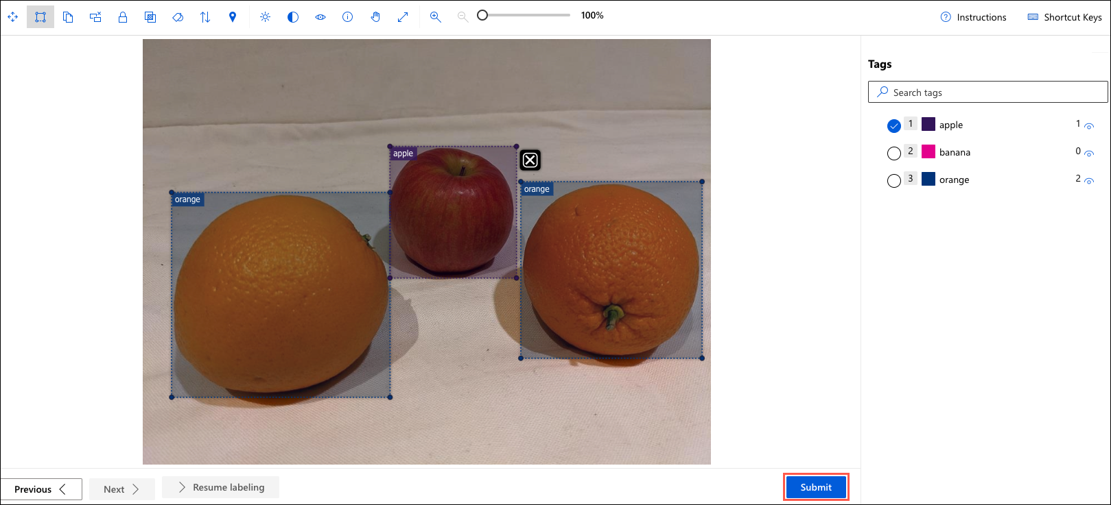 Screenshot of a labeling fruit in Azure Machine Learning Studio.