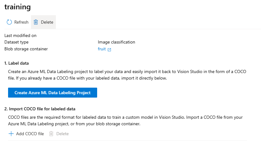 Screenshot of a new dataset in Vision Studio custom model project.