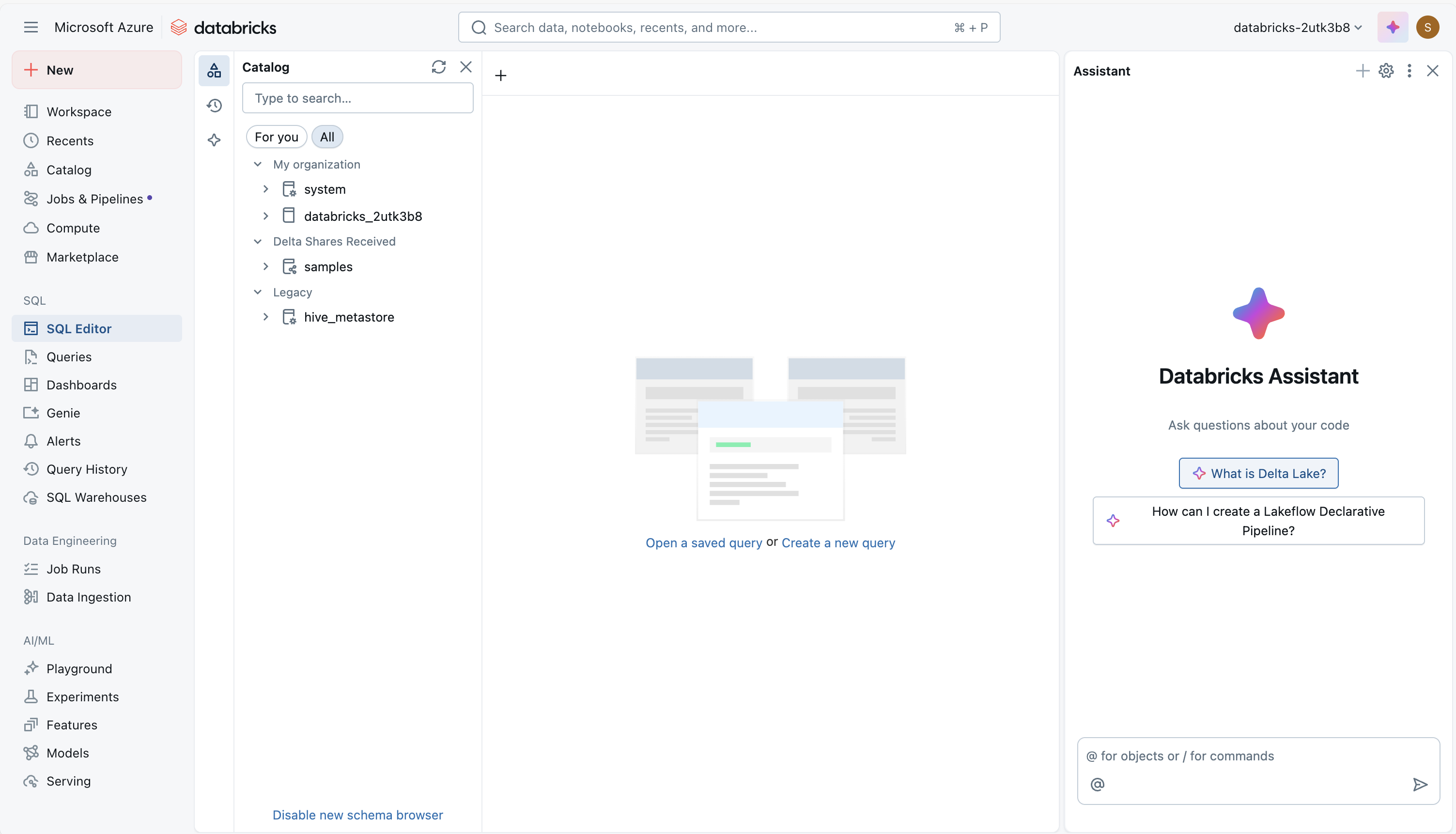 Снимок экрана помощника Azure Databricks.
