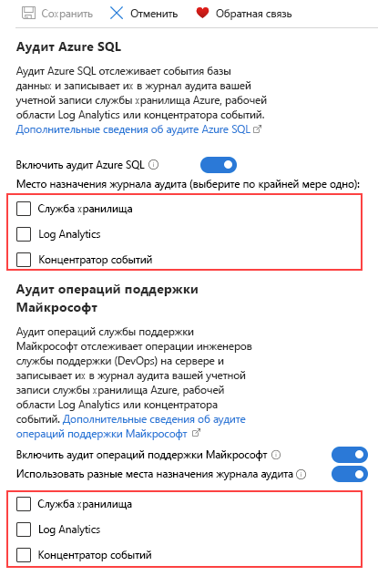 Снимок экрана: страница аудита сервера SQL Server.