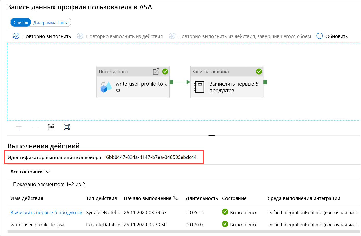 Идентификатор выполнения конвейера Выделен идентификатор выполнения конвейера.