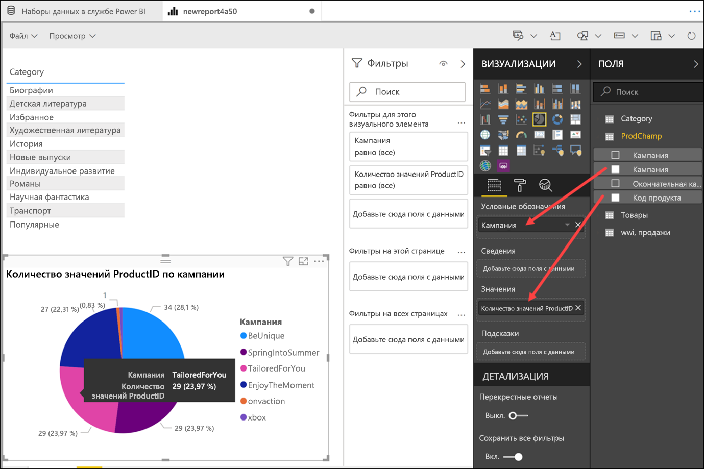 View Power BI pie charts