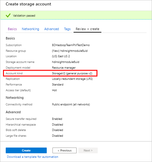 Экран проверки HDInsight на портале Azure.