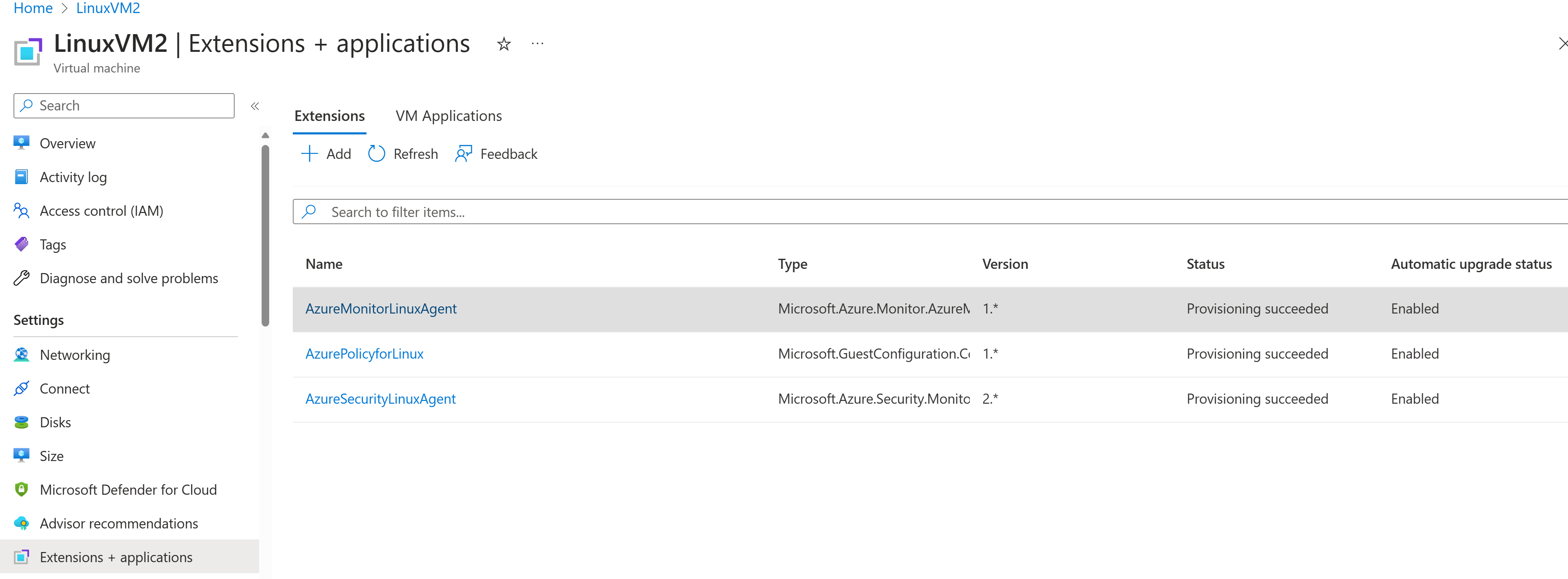 Снимок экрана: агент Linux Azure Monitor на виртуальной машине Azure.