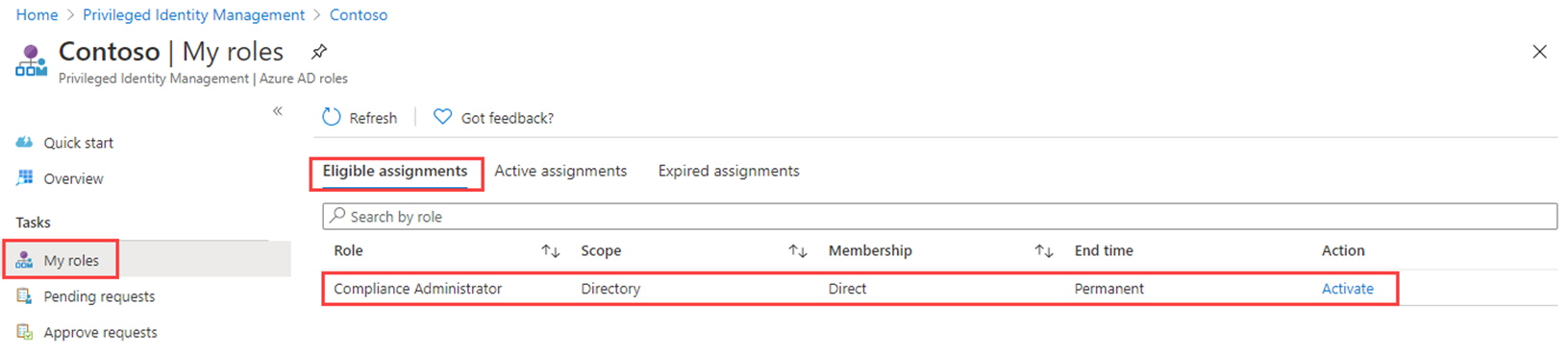 Screenshot of the My roles with eligible role assignments highlighted. Pick the role you need.
