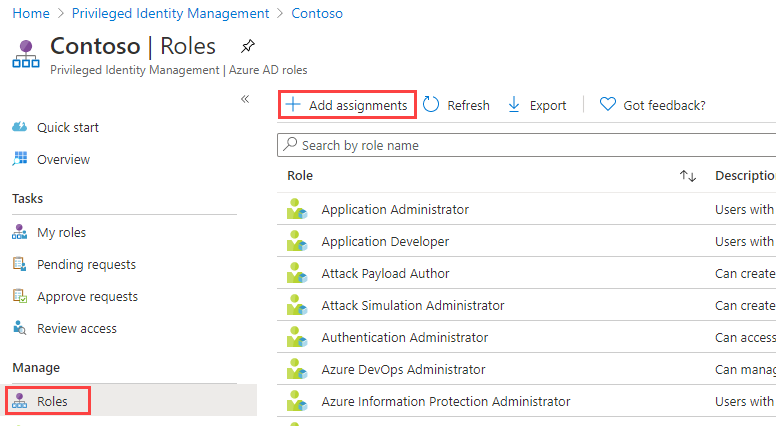Screenshot of the Microsoft Entra roles with Add assignments menu highlighted.