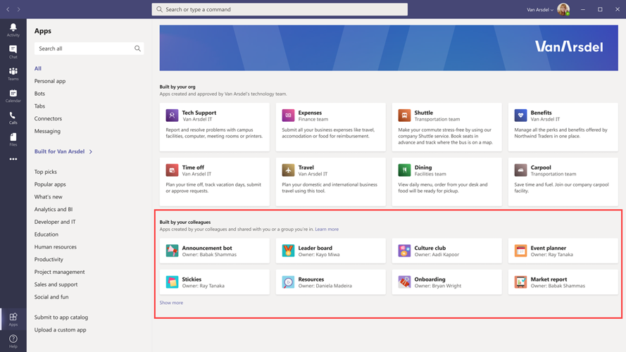  Снимки экрана страницы &quot;Приложения&quot;, где показаны приложения Microsoft Power Platform в списке &quot;Создано вашими коллегами&quot;.
