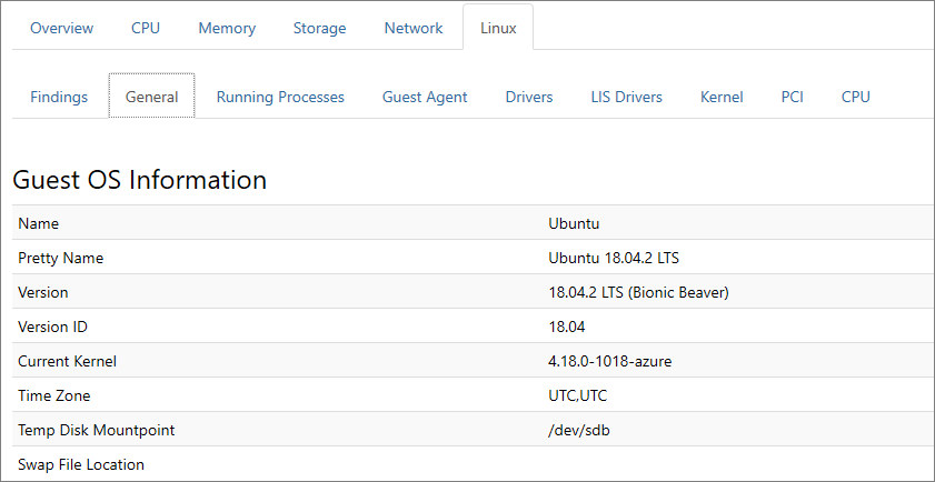 Снимок экрана: вкладка Linux и сведения.