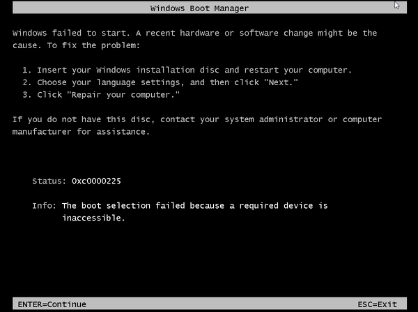 Снимок экрана: ошибка запуска Windows с кодом состояния 0xc0000225, если не отображается связанный файл.