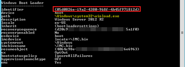 Снимок экрана: загрузчик Windows на виртуальной машине поколения 1 с выделенным атрибутом идентификатора.