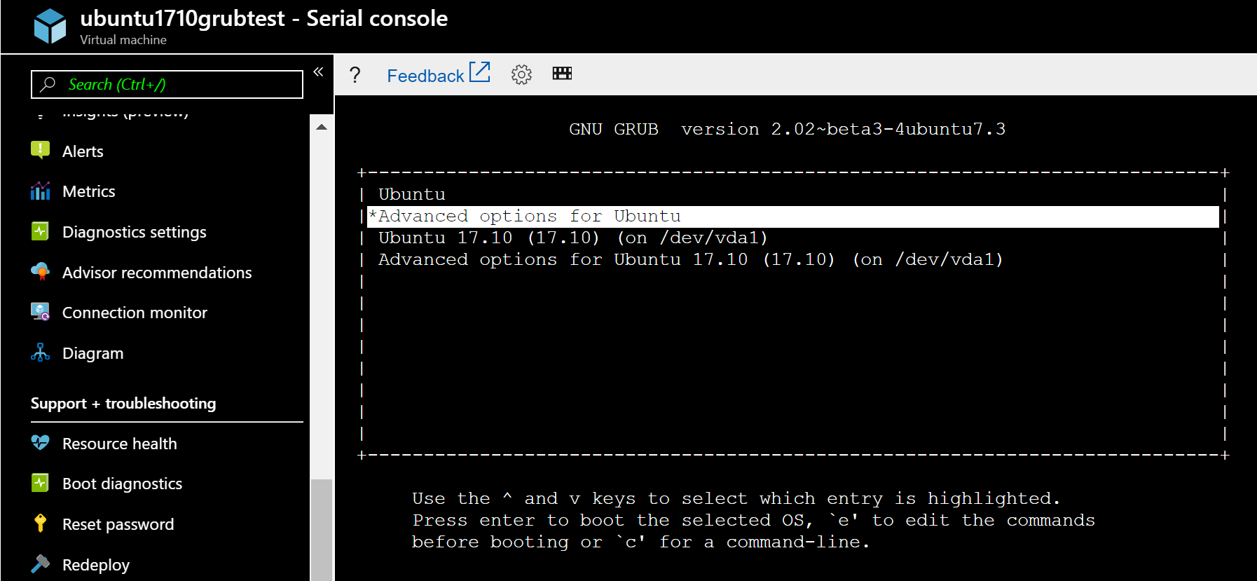 Снимок экрана: последовательная консоль с выбранными дополнительными параметрами для Ubuntu.
