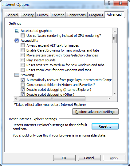 Причины неработоспособности Flash Player в Internet Explorer