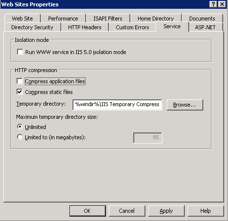 Снимок экрана: сжатие HTTP с выбранным параметром Сжатие статических файлов и параметром Максимальный размер временного каталога без ограничений.