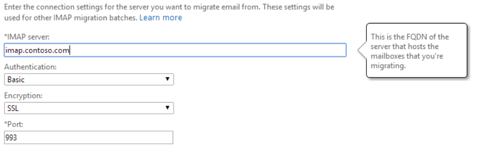 Снимок экрана: ввод F Q D N сервера I M A P.