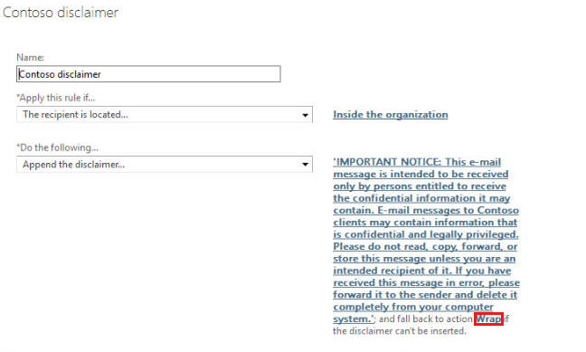 Снимок экрана правила транспортировки отказа от ответственности, показывающего резервное действие, установленное как 