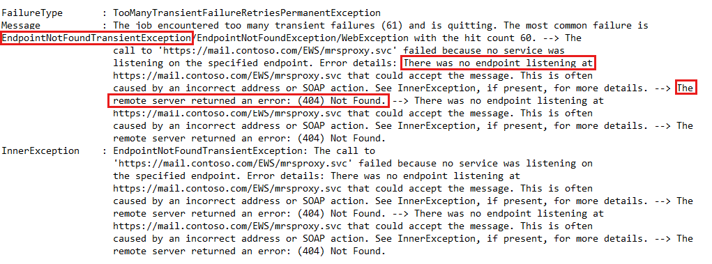 Снимок экрана: подробные ошибки для EndpointNotFoundTransientException.
