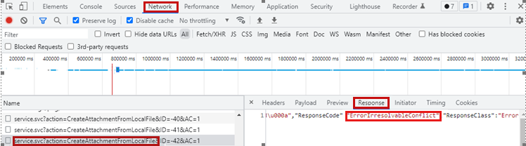 Снимок экрана: страница трассировки сети и выделен код ответа ErrorIrresolvableConflict для запроса OWA.