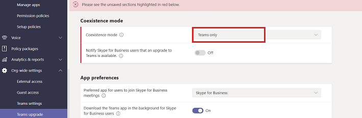 Снимок экрана, показывающий несохраненный раздел при переключении в режим только для Teams.
