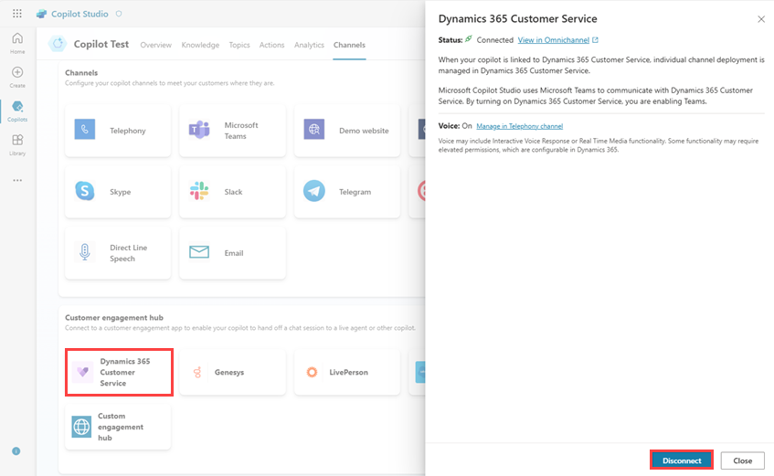Снимок экрана: центр взаимодействия с клиентами Dynamics 365 Customer Service с выделением кнопки 