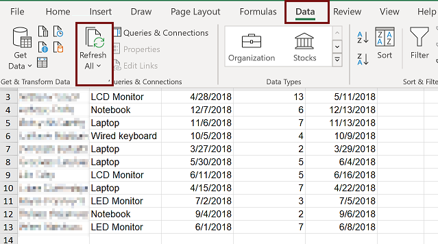 Снимок экрана: обновление данных приложения в Excel.