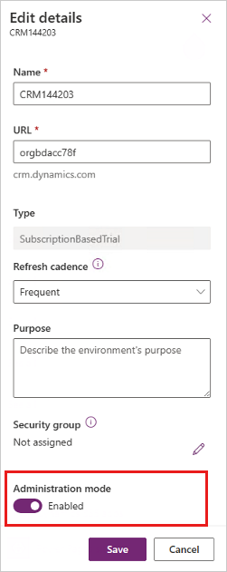 Снимок экрана: режим администрирования включен для среды.