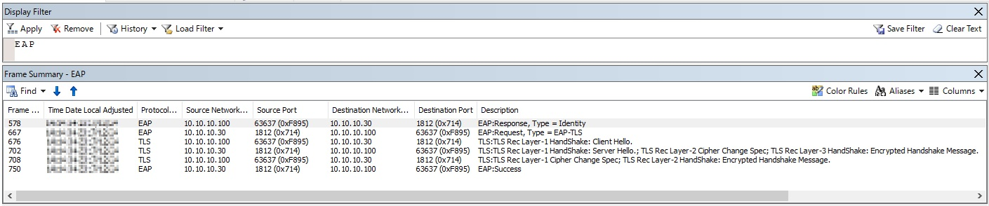 Снимок экрана: данные сбора пакетов на стороне NPS.