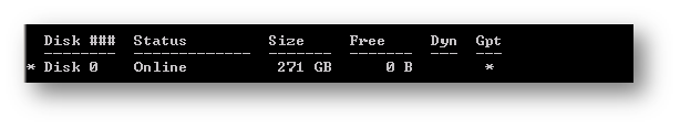 Снимок экрана: выходные данные команды list disk.