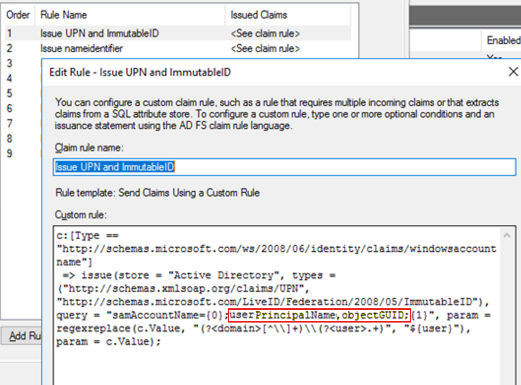 Проверьте значения immutableID и UPN в соответствующем правиле утверждений, настроенном на сервере AD F S.