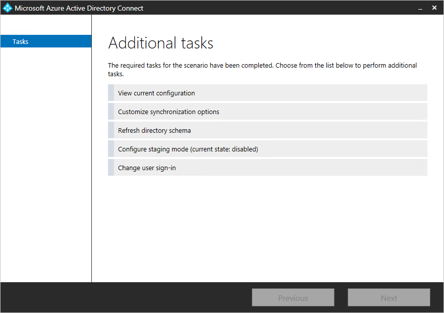 Выберите Просмотр текущей конфигурации на странице Microsoft Entra Подключить дополнительные задачи.