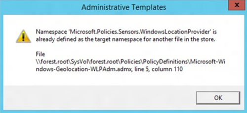 Снимок экрана: окно административных шаблонов с сообщением об ошибке.