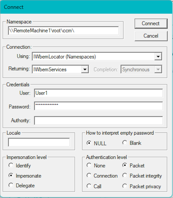 Снимок экрана: окно подключения, показывающее попытку подключения к пространству имен root\ccm в RemoteMachine1 с учетными данными User1.