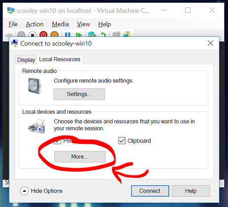 Screenshot of the More button emphasized in the Local devices and resources section.