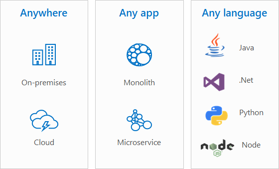 Graphic showing how containers can run in the cloud or on-premises, supporting monolithic apps or microservices written in nearly any language.