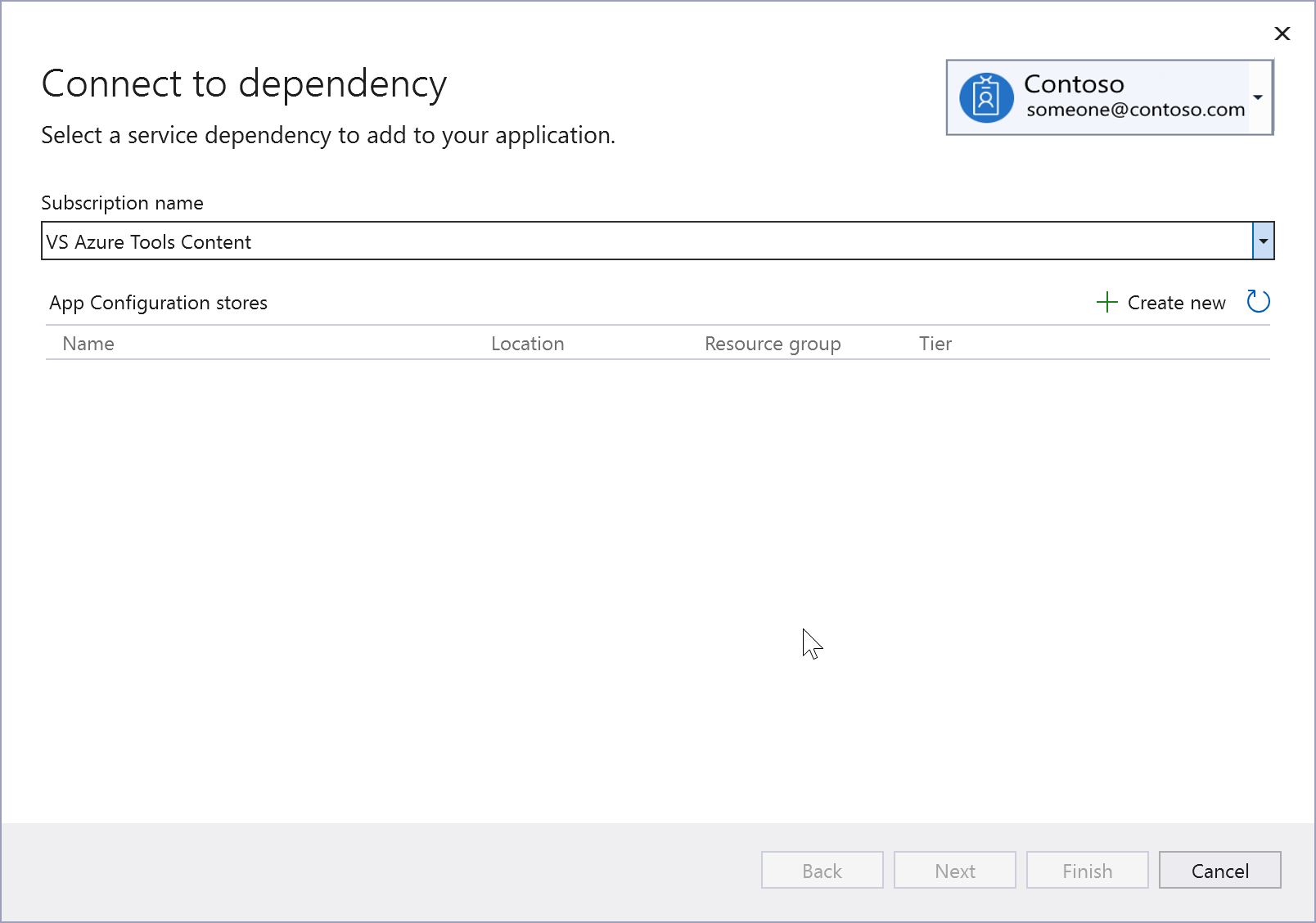 Screenshot showing Connect to dependency for Azure App Configuration.