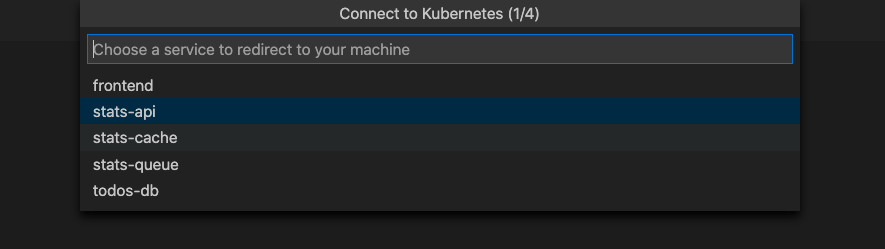 Снимок экрана: окно выбора службы для подключения в Bridge to Kubernetes.