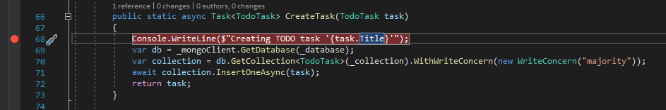 Screenshot shows the CreateTask method with a breakpoint set in the first line.