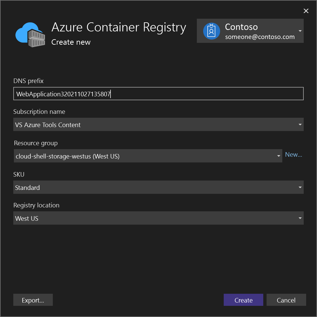 Снимок экрана: диалоговое окно создания реестра контейнеров Azure в Visual Studio.