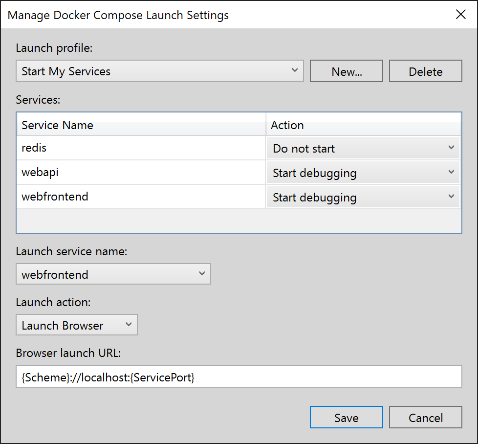 Снимок экрана: создание профиля служб, запускающего другие службы.