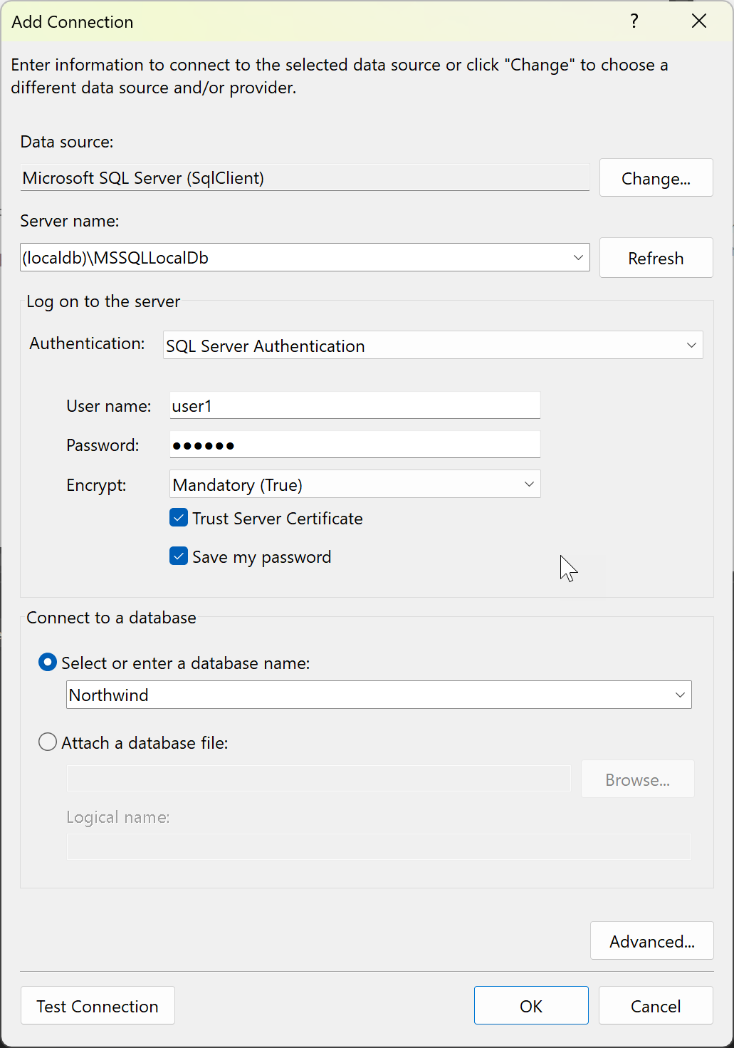 Подключение в базу данных или откройте MDF-файл (ADO.NET) - Visual Studio  (Windows) | Microsoft Learn