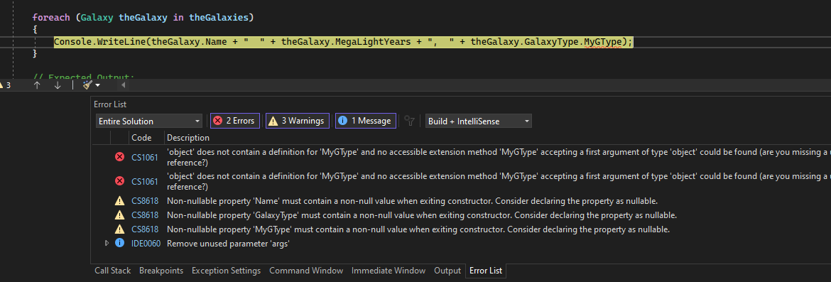 Screenshot of the Visual Studio Debugger with a line of code highlighted in red and an Error List window with two errors listed.
